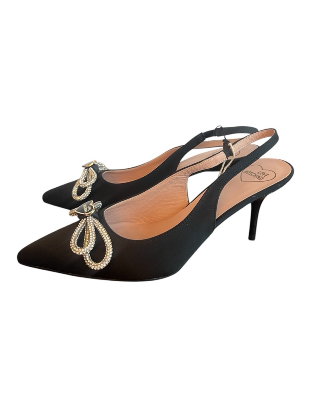Love Moschino Black Slingback Heels 37 Rhinestone Bow Kitten Heel Italy